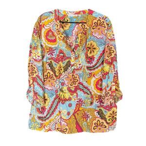 Womens 1X Blouse Top Shirt Blue Orange Paisley Pintuck Roll Tab Sleeves Bohemian